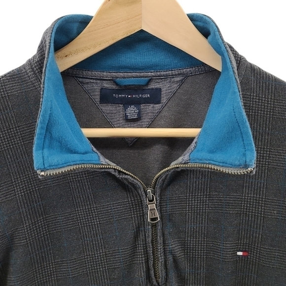 Tommy Hilfiger 1/4 Quarter Zip Long Sleeve Mock Neck Grey/Blue Sweater - Picture 4 of 9